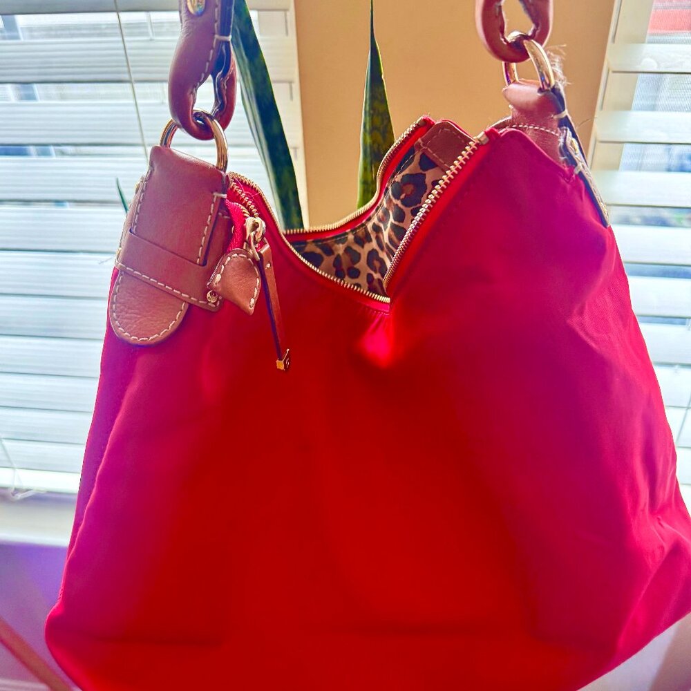 Nylon red Kate Spade purse with leopard interior